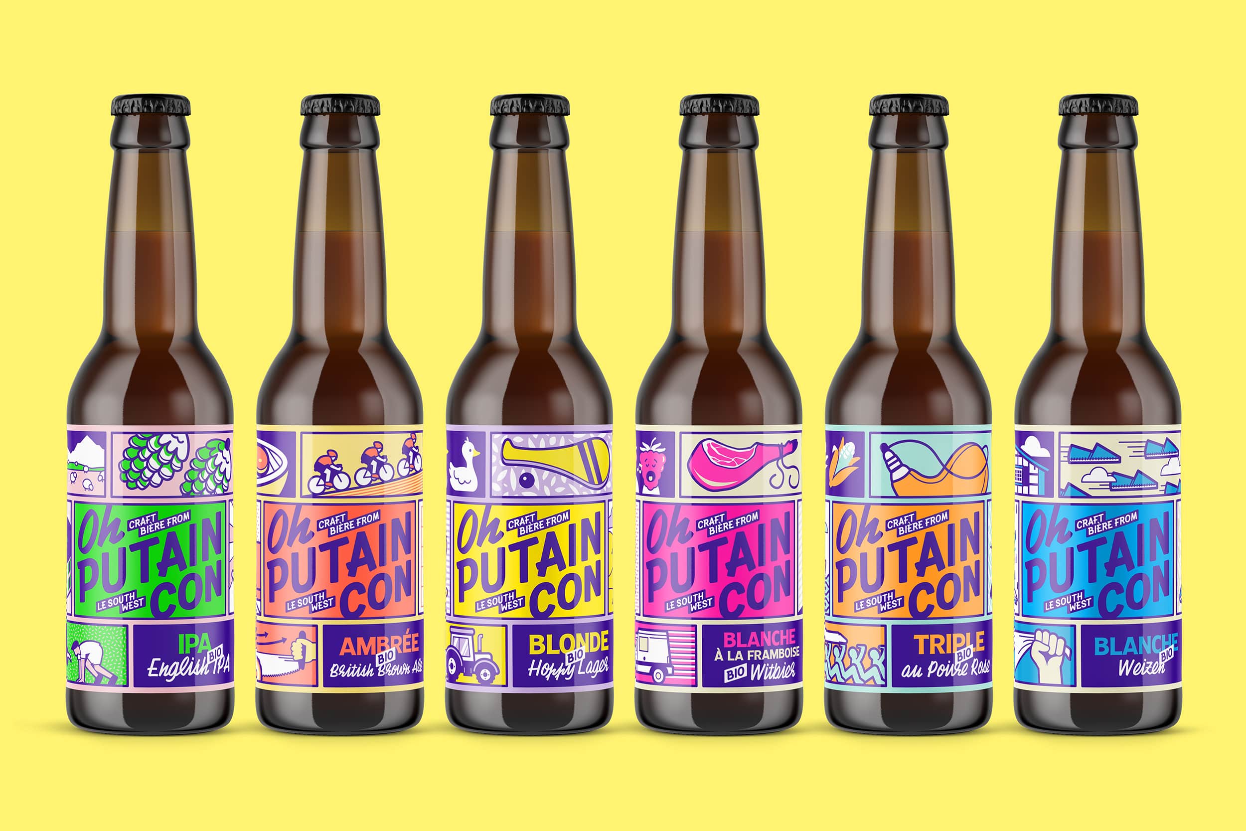 bleu juin oh putain con brasserie aussau biere sud ouest blonde ambree blanche triple ipa packaging design pau bearn oloron
