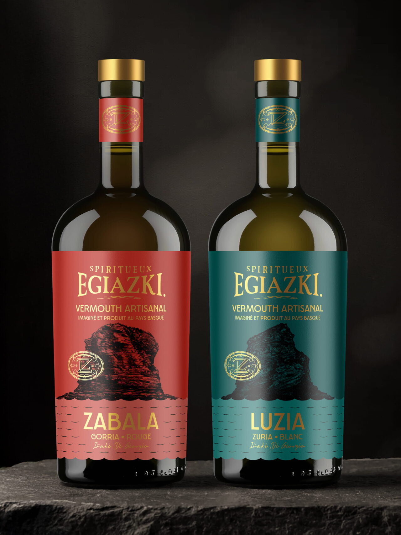bleujuin egiazki vermouth bikiak jumeaux hendaye luzia zabala rouge blanc packaging label etiquette design graphisme pays basque euskadi